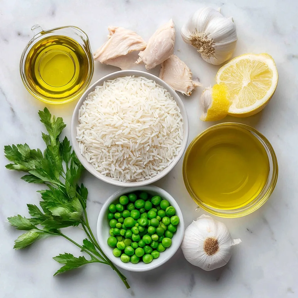 Ingredients for Zesty Lemon Rice Pilaf with Fresh Herbs and Peas