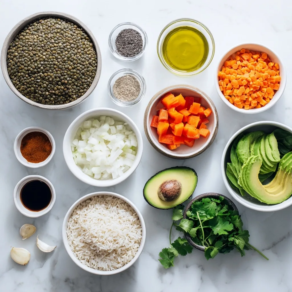 Ingredients for Healthy Lentil Rice Bowl Loaded with Veggies and Flavor
