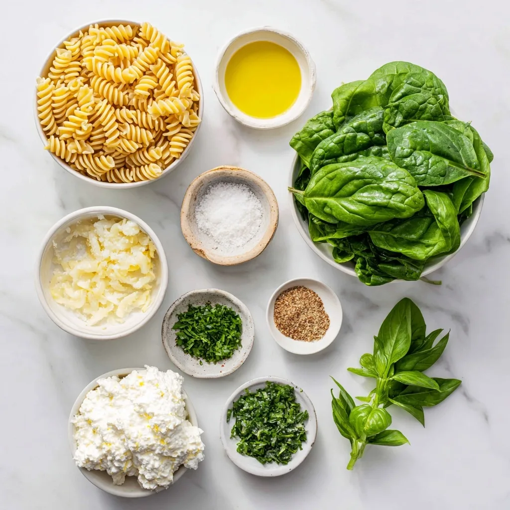 Ingredients for Creamy Spinach Ricotta Pasta with Fresh Herbs